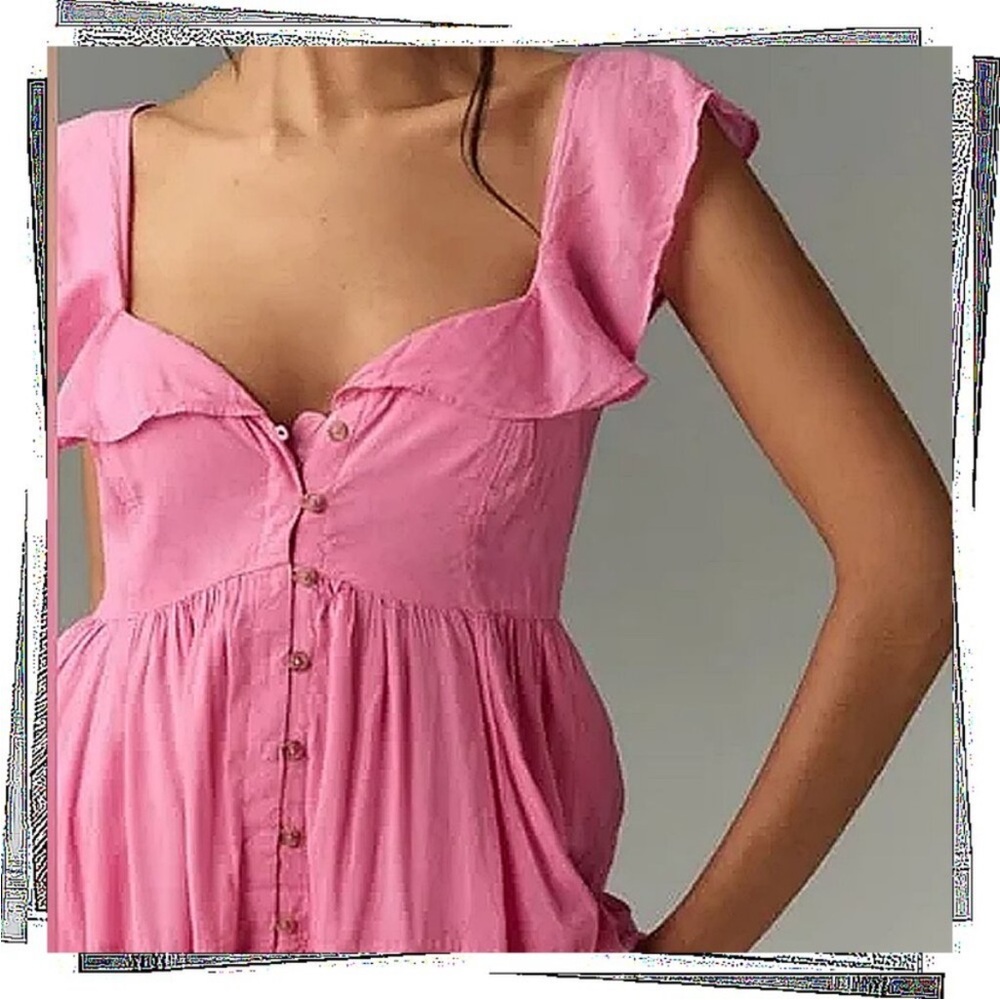 Anthropologie Pilcro Flutter Sleeve Tiered Dress Pink Maxi Button Front XL NEW - Picture 2 of 13